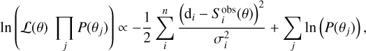 Mathematical equation: \ln\left( \mathcal{L}(\theta) \ \prod_j P(\theta_j) \right) \propto -\dfrac{1}{2} \sum_{i}^{n} \dfrac{\left( {\rm d}_i - S^{\rm obs}_i(\theta) \right)^2}{\sigma_i^2}+ \sum_{j} \ln\left(P(\theta_j)\right),