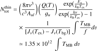 Mathematical equation: $\[\begin{aligned}N_{\text {tot }}^{\text {thin }}= & \left(\frac{8 \pi \nu^3}{c^3 A_{u l}}\right)\left(\frac{Q(T)}{g_u}\right) \frac{\exp (\frac{E_u}{k_{\mathrm{B}} T_{\mathrm{ex}}})}{\exp (\frac{h \nu}{k_{\mathrm{B}} T_{\mathrm{ex}}})-1} \&amp; \times \frac{1}{\left[J_\nu(T_{\mathrm{ex}})-J_\nu(T_{\mathrm{bg}})\right]} \int \frac{T_{\mathrm{MB}}}{f} d v \&amp; \simeq 1.35 \times 10^{12} \int T_{\mathrm{MB}} ~d v\end{aligned}\]$