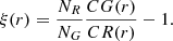 Mathematical equation: $$ \begin{aligned} \xi (r) = \frac{N_R}{N_G}\frac{CG(r)}{CR(r)} - 1. \end{aligned} $$