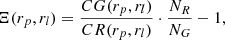 Mathematical equation: $$ \begin{aligned} \Xi (r_p, r_l) = \frac{CG(r_p, r_l)}{CR(r_p, r_l)} \cdot \frac{N_{R}}{N_{G}} - 1, \end{aligned} $$