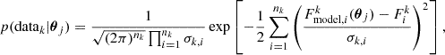Mathematical equation: $$ \begin{aligned} p(\mathrm{data}_k|\boldsymbol{\theta }_j) = \frac{1}{\sqrt{(2\pi )^{n_k}}\prod _{i=1}^{n_k}\sigma _{k,i}} \exp \left[-\frac{1}{2} \sum _{i=1}^{n_k} \left(\frac{F^{k}_{\mathrm{model} ,i}(\boldsymbol{\theta }_j)-F^{k}_{i}}{\sigma _{k,i}}\right)^2\right], \end{aligned} $$