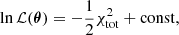 Mathematical equation: $$ \begin{aligned} \ln \mathcal{L} (\boldsymbol{\theta }) = -\frac{1}{2}\chi ^2_{\mathrm{tot} } + \mathrm{const}, \end{aligned} $$
