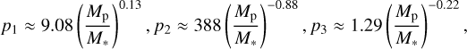 Mathematical equation: p_1 \approx 9.08 \left( \frac{M_\text{p}}{M_\ast} \right)^{0.13},p_2 \approx 388 \left( \frac{M_\text{p}}{M_\ast} \right)^{-0.88},p_3 \approx 1.29 \left( \frac{M_\text{p}}{M_\ast} \right)^{-0.22},