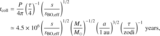 Mathematical equation: \begin{aligned}t_\text{coll} &= \frac{P}{4\pi} \left(\frac{\tau}{4}\right)^{-1} \left(\frac{s}{s_\text{BO,eff}}\right)^{1/2} \\&\simeq 4.5 \times 10^6\left(\frac{s}{s_\text{BO,eff}}\right)^{1/2}\left(\frac{M_\ast}{M_\odot}\right)^{-1/2}\left(\frac{a}{1\,\mathrm{au}}\right)^{3/2}\left(\frac{\tau}{\mathrm{zodi}}\right)^{-1} \, \mathrm{years},\end{aligned}