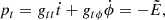 Mathematical equation: $$ \begin{aligned} p_t&= g_{tt} \dot{t} +g_{t\phi } \dot{\phi }= - \tilde{E},\end{aligned} $$
