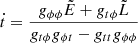 Mathematical equation: $$ \begin{aligned} \dot{t} = \frac{g_{\phi \phi } \tilde{E}+g_{t\phi }\tilde{L} }{ g_{t\phi }g_{\phi t}- g_{tt}g_{\phi \phi } } \ \end{aligned} $$