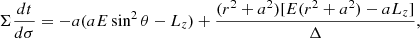 Mathematical equation: $$ \begin{aligned} \Sigma \frac{dt}{d\sigma }&= -a(aE\sin ^2\theta - L_z) + \frac{(r^2+a^2)[E(r^2+a^2)-aL_z]}{\Delta }, \end{aligned} $$