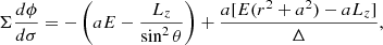 Mathematical equation: $$ \begin{aligned} \Sigma \frac{d\phi }{d\sigma }&= -\left( aE - \frac{L_z}{\sin ^2\theta } \right) + \frac{a[E(r^2+a^2)-aL_z]}{\Delta }, \end{aligned} $$