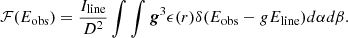 Mathematical equation: $$ \begin{aligned} \mathcal{F} (E_{\rm obs}) = \frac{I _{\rm line}}{D^2}\int \int \boldsymbol{g}^3 \epsilon (r) \delta (E_{\rm obs}-gE_{\rm line})d\alpha d\beta . \end{aligned} $$