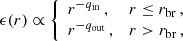 Mathematical equation: $$ \begin{aligned} \epsilon (r) \propto {\left\{ \begin{array}{ll} r^{-q_{\rm in}}\,,&r \le r_{\rm br}\,, \\ r^{-q_{\rm out}}\,,&r > r_{\rm br}\,, \end{array}\right.} \end{aligned} $$