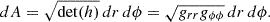 Mathematical equation: $$ \begin{aligned} dA=\sqrt{\det (h)}\,dr\,d\phi =\sqrt{g_{rr}g_{\phi \phi }}\,dr\,d\phi . \end{aligned} $$