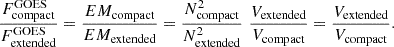 Mathematical equation: $$ \begin{aligned} \frac{F^\mathrm{{GOES}}_{\rm {compact}}}{F^\mathrm{{GOES}}_{\rm {extended}}} = \frac{EM_{\rm {compact}}}{EM_{\rm {extended}}} = \frac{N_{\rm {compact}}^{2}}{N_{\rm {extended}}^{2}}\,\,\frac{V_{\rm {extended}}}{V_{\rm {compact}}} = \frac{V_{\rm {extended}}}{V_{\rm {compact}}} .\end{aligned} $$