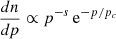 Mathematical equation: $ \frac{dn}{dp} \propto p^{-s}\,\mathrm{e}^{-p/p_c} $