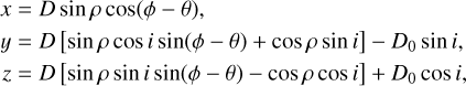 Mathematical equation: $\matrix{ {x = D\sin \rho \cos \left( {\phi - \theta } \right),} \hfill \cr {y = D\left[ {\sin \rho \cos i\sin \left( {\phi - \theta } \right) + \cos \rho \sin i} \right] - {D_0}\sin i,} \hfill \cr {z = D\left[ {\sin \rho \cos i\sin \left( {\phi - \theta } \right) - \cos \rho \sin i} \right] - {D_0}\cos i,} \hfill \cr }$