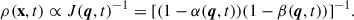 Mathematical equation: $$ \begin{aligned} \rho (\mathbf x , t) \propto J(\boldsymbol{q},t)^{-1} = [(1 - \alpha (\boldsymbol{q},t))(1 - \beta (\boldsymbol{q},t))]^{-1}. \end{aligned} $$