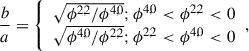 Mathematical equation: $$ \begin{aligned}&\frac{b}{a} = {\left\{ \begin{array}{ll} \sqrt{ \phi ^{2,2} / \phi ^{4,0} } ; \phi ^{4,0} < \phi ^{2,2} < 0\\ \sqrt{ \phi ^{4,0} / \phi ^{2,2} } ; \phi ^{2,2} < \phi ^{4,0} < 0 \end{array}\right.}, \end{aligned} $$