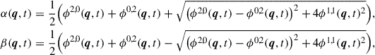 Mathematical equation: $$ \begin{aligned} \alpha (\boldsymbol{q}, t)&= \frac{1}{2} \Big ( \phi ^{2,0}(\boldsymbol{q},t) + \phi ^{0,2}(\boldsymbol{q},t) + \sqrt{ \left( \phi ^{2,0}(\boldsymbol{q},t) - \phi ^{0,2}(\boldsymbol{q},t) \right)^2 + 4 \phi ^{1,1}(\boldsymbol{q},t)^2 } \Big ),\nonumber \\ \beta (\boldsymbol{q}, t)&= \frac{1}{2} \Big ( \phi ^{2,0}(\boldsymbol{q},t) + \phi ^{0,2}(\boldsymbol{q},t) - \sqrt{ \left( \phi ^{2,0}(\boldsymbol{q},t) - \phi ^{0,2}(\boldsymbol{q},t) \right)^2 + 4 \phi ^{1,1}(\boldsymbol{q},t)^2 } \Big ),\end{aligned} $$