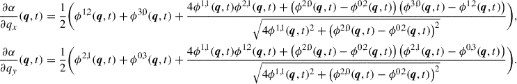 Mathematical equation: $$ \begin{aligned} \nonumber&\frac{\partial \alpha }{\partial q_x}(\boldsymbol{q},t) = \frac{1}{2} \Bigg (\phi ^{1,2}(\boldsymbol{q},t) + \phi ^{3,0}(\boldsymbol{q},t) +\frac{4 \phi ^{1,1}(\boldsymbol{q},t) \phi ^{2,1}(\boldsymbol{q},t)+\left(\phi ^{2,0}(\boldsymbol{q},t)-\phi ^{0,2}(\boldsymbol{q},t)\right) \left(\phi ^{3,0}(\boldsymbol{q},t)-\phi ^{1,2}(\boldsymbol{q},t)\right)}{\sqrt{4 \phi ^{1,1}(\boldsymbol{q},t)^2+\left(\phi ^{2,0}(\boldsymbol{q},t)-\phi ^{0,2}(\boldsymbol{q},t)\right)^2}}\Bigg ),\\&\frac{\partial \alpha }{\partial q_y}(\boldsymbol{q},t) = \frac{1}{2} \Bigg (\phi ^{2,1}(\boldsymbol{q},t) + \phi ^{0,3}(\boldsymbol{q},t) +\frac{4 \phi ^{1,1}(\boldsymbol{q},t) \phi ^{1,2}(\boldsymbol{q},t)+\left(\phi ^{2,0}(\boldsymbol{q},t)-\phi ^{0,2}(\boldsymbol{q},t)\right) \left(\phi ^{2,1}(\boldsymbol{q},t)-\phi ^{0,3}(\boldsymbol{q},t)\right)}{\sqrt{4 \phi ^{1,1}(\boldsymbol{q},t)^2+\left(\phi ^{2,0}(\boldsymbol{q},t)-\phi ^{0,2}(\boldsymbol{q},t)\right)^2}}\Bigg ). \end{aligned} $$