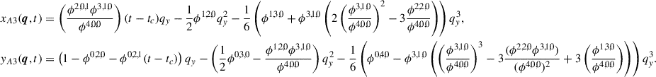 Mathematical equation: $$ \begin{aligned} x_{A3}(\boldsymbol{q}, t)&= \left( \frac{ \phi ^{2,0,1} \phi ^{3,1,0}}{\phi ^{4,0,0}} \right) (t-t_c) q_y - \frac{1}{2} \phi ^{1,2,0} q_y^2 - \frac{1}{6} \left( \phi ^{1,3,0} + \phi ^{3,1,0} \left( 2\left(\frac{\phi ^{3,1,0}}{\phi ^{4,0,0}}\right)^2 - 3\frac{\phi ^{2,2,0}}{\phi ^{4,0,0}} \right) \right)q_y^3,\\ \nonumber y_{A3}(\boldsymbol{q}, t)&= \left( 1 - \phi ^{0,2,0} - \phi ^{0,2,1} (t-t_c) \right) q_y - \left(\frac{1}{2} \phi ^{0,3,0}-\frac{\phi ^{1,2,0} \phi ^{3,1,0}}{\phi ^{4,0,0}}\right)q_y^2 - \frac{1}{6} \left(\phi ^{0,4,0} - \phi ^{3,1,0} \left( \left(\frac{ \phi ^{3,1,0} }{\phi ^{4,0,0}}\right)^3 - 3 \frac{ (\phi ^{2,2,0} \phi ^{3,1,0}) }{(\phi ^{4,0,0})^2} + 3 \left( \frac{\phi ^{1,3,0} }{\phi ^{4,0,0}} \right) \right) \right)q_y^3. \end{aligned} $$