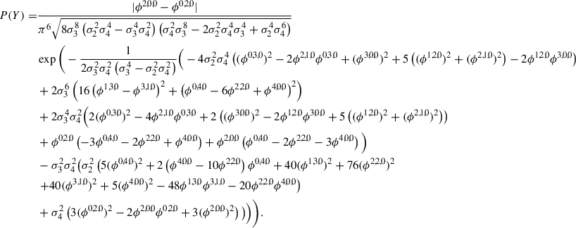 Mathematical equation: $$ \begin{aligned} P(Y) =&\frac{|\phi ^{2,0,0} - \phi ^{0,2,0}| }{\pi ^6 \sqrt{8 \sigma _3^8 \left(\sigma _2^2 \sigma _4^4 - \sigma _3^4 \sigma _4^2 \right) \left( \sigma _4^2 \sigma _3^8- 2 \sigma _2^2 \sigma _4^4 \sigma _3^4 + \sigma _2^4 \sigma _4^6\right)}} \\ \nonumber&\exp \Bigg ( -\frac{1}{2\sigma _3^2 \sigma _4^2 \left(\sigma _3^4-\sigma _2^2 \sigma _4^2\right)} \Big ( -4 \sigma _2^2 \sigma _4^4 \left( (\phi ^{0,3,0})^2-2 \phi ^{2,1,0} \phi ^{0,3,0}+(\phi ^{3,0,0})^2+5 \left( (\phi ^{1,2,0})^2+(\phi ^{2,1,0})^2\right)-2 \phi ^{1,2,0} \phi ^{3,0,0}\right) \\ \nonumber&+2 \sigma _3^6 \left(16 \left(\phi ^{1,3,0}-\phi ^{3,1,0}\right)^2+\left(\phi ^{0,4,0}-6 \phi ^{2,2,0}+\phi ^{4,0,0}\right)^2\right)\\ \nonumber&+2 \sigma _3^4 \sigma _4^2 \Big (2 (\phi ^{0,3,0})^2-4 \phi ^{2,1,0} \phi ^{0,3,0}+2 \left((\phi ^{3,0,0})^2-2 \phi ^{1,2,0} \phi ^{3,0,0}+5 \left((\phi ^{1,2,0})^2+(\phi ^{2,1,0})^2\right)\right)\\ \nonumber&+\phi ^{0,2,0} \left(-3 \phi ^{0,4,0}-2 \phi ^{2,2,0}+\phi ^{4,0,0}\right)+\phi ^{2,0,0} \left(\phi ^{0,4,0}-2 \phi ^{2,2,0}-3 \phi ^{4,0,0}\right)\Big ) \\ \nonumber&-\sigma _3^2 \sigma _4^2 \big (\sigma _2^2 \left(5 (\phi ^{0,4,0})^2+2 \left(\phi ^{4,0,0}-10 \phi ^{2,2,0}\right) \phi ^{0,4,0}+40 (\phi ^{1,3,0})^2+76 (\phi ^{2,2,0})^2 \right.\\ \nonumber& \left. +40 (\phi ^{3,1,0})^2+5 (\phi ^{4,0,0})^2-48 \phi ^{1,3,0} \phi ^{3,1,0}-20 \phi ^{2,2,0} \phi ^{4,0,0}\right)\\ \nonumber&+\sigma _4^2 \left(3 (\phi ^{0,2,0})^2-2 \phi ^{2,0,0} \phi ^{0,2,0}+3 (\phi ^{2,0,0})^2\right)\big ) \Big ) \Bigg ). \end{aligned} $$