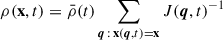 Mathematical equation: $$ \begin{aligned} \rho (\mathbf x , t) = \bar{\rho }(t) \sum _{\boldsymbol{q} \, : \, \mathbf x (\boldsymbol{q}, t) = \mathbf x } J(\boldsymbol{q}, t) ^{-1} \end{aligned} $$