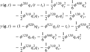 Mathematical equation: $$ \begin{aligned} x( \boldsymbol{q}, t)&= -\phi ^{2,0,1} q_x (t - t_c) - \frac{1}{2} \phi ^{1,2,0} q_y^2 - \frac{1}{6} \phi ^{4,0,0} q_x^3\\&\quad - \frac{1}{2} \phi ^{3,1,0} q_x^2 q_y - \frac{1}{2} \phi ^{2,2,0} q_x q_y^2 - \frac{1}{6} \phi ^{1,3,0} q_y^3 ,\nonumber \\ y( \boldsymbol{q}, t)&= (1 - \phi ^{0,2,0}) q_y - \phi ^{0,2,1} q_y (t - t_c) - \frac{1}{2} \phi ^{0,3,0} q_y^2\nonumber \\&\quad - \phi ^{1,2,0} q_x q_y - \frac{1}{6} \phi ^{0,4,0} q_y^3 - \frac{1}{2} \phi ^{1,3,0} q_x q_y^2\nonumber \\&\quad - \frac{1}{2} \phi ^{2,2,0} q_x^2 q_y - \frac{1}{6} \phi ^{3,1,0} q_x^3.\nonumber \end{aligned} $$