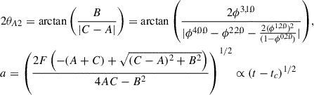Mathematical equation: $$ \begin{aligned}&2\theta _{A2} = \arctan {\left(\frac{B}{|C-A|} \right)} = \arctan {\left( \frac{2\phi ^{3,1,0}}{|\phi ^{4,0,0} - \phi ^{2,2,0} - \frac{2(\phi ^{1,2,0})^2}{(1 - \phi ^{0,2,0})} |} \right)},\nonumber \\&a = \left( \frac{2F \left( -(A+C) + \sqrt{ (C-A)^2 + B^2 } \right)}{ 4AC - B^2 } \right)^{1/2} \propto (t - t_c)^{1/2}\end{aligned} $$
