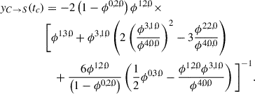 Mathematical equation: $$ \begin{aligned} y_{C\rightarrow S}(t_c)&= -2\left( 1 - \phi ^{0,2,0} \right) \phi ^{1,2,0} \times \\&\Bigg [ \phi ^{1,3,0} + \phi ^{3,1,0} \left( 2\left(\frac{\phi ^{3,1,0}}{\phi ^{4,0,0}}\right)^2 - 3\frac{\phi ^{2,2,0}}{\phi ^{4,0,0}} \right)\nonumber \\&\quad + \frac{6 \phi ^{1,2,0}}{\left( 1 - \phi ^{0,2,0} \right)} \left(\frac{1}{2} \phi ^{0,3,0}-\frac{\phi ^{1,2,0} \phi ^{3,1,0}}{\phi ^{4,0,0}}\right) \Bigg ]^{-1}.\nonumber \end{aligned} $$