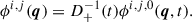 Mathematical equation: $$ \begin{aligned} \phi ^{i,j}(\boldsymbol{q}) = D_+^{-1}(t) \phi ^{i,j,0}(\boldsymbol{q}, t). \end{aligned} $$