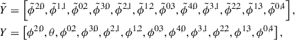 Mathematical equation: $$ \begin{aligned}&\tilde{Y} = \left[ \tilde{\phi }^{2,0} , \tilde{\phi }^{1,1} , \tilde{\phi }^{0,2} , \tilde{\phi }^{3,0} , \tilde{\phi }^{2,1} , \tilde{\phi }^{1,2} , \tilde{\phi }^{0,3} , \tilde{\phi }^{4,0} , \tilde{\phi }^{3,1} , \tilde{\phi }^{2,2} , \tilde{\phi }^{1,3} , \tilde{\phi }^{0,4} \right],\nonumber \\&Y = \left[ \phi ^{2,0} , \theta , \phi ^{0,2} , \phi ^{3,0},\phi ^{2,1} , \phi ^{1,2} , \phi ^{0,3} , \phi ^{4,0} , \phi ^{3,1} , \phi ^{2,2} , \phi ^{1,3} , \phi ^{0,4} \right], \end{aligned} $$