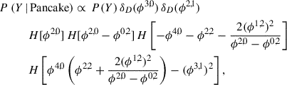 Mathematical equation: $$ \begin{aligned} P \, (Y \, |&\, \mathrm{Pancake}) \propto \, P(Y) \, \delta _D(\phi ^{3,0}) \,\delta _D(\phi ^{2,1})\\&H[\phi ^{2,0}] \, H[\phi ^{2,0} - \phi ^{0,2}] \, H\left[ -\phi ^{4,0} - \phi ^{2,2} - \frac{2 (\phi ^{1,2})^2}{\phi ^{2,0} - \phi ^{0,2}} \right] \nonumber \\&H\left[ \phi ^{4,0} \left( \phi ^{2,2} + \frac{2 (\phi ^{1,2})^2}{\phi ^{2,0} - \phi ^{0,2}} \right) - (\phi ^{3,1})^2 \right],\nonumber \end{aligned} $$