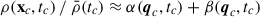 Mathematical equation: $ \rho(\mathbf{x}_c, t_c) \: / \: \bar{\rho}(t_c) \approx \alpha(\boldsymbol{q}_c, t_c) + \beta(\boldsymbol{q}_c, t_c) $