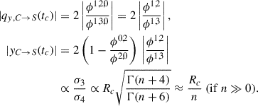 Mathematical equation: $$ \begin{aligned} |q_{y,C\rightarrow S}(t_c)|&= 2 \left| \frac{\phi ^{1,2,0}}{\phi ^{1,3,0}} \right| = 2 \left| \frac{\phi ^{1,2}}{\phi ^{1,3}} \right|,\nonumber \\ |y_{C\rightarrow S}(t_c)|&= 2 \left( 1 - \frac{\phi ^{0,2}}{\phi ^{2,0}} \right) \, \left| \frac{\phi ^{1,2}}{\phi ^{1,3}} \right|\nonumber \\&\propto \frac{\sigma _3}{\sigma _4} \propto R_c\sqrt{\frac{\Gamma (n + 4)}{\Gamma (n + 6)}} \approx \frac{R_c}{n}\ (\mathrm{if}\ n \gg 0). \end{aligned} $$
