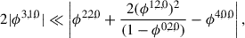 Mathematical equation: $$ \begin{aligned}&2 |\phi ^{3,1,0}| \ll \left| \phi ^{2,2,0} + \frac{2(\phi ^{1,2,0})^2}{(1 - \phi ^{0,2,0})} - \phi ^{4,0,0} \right|,\end{aligned} $$