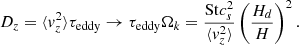 Mathematical equation: $$ \begin{aligned} D_z = \langle v_z^{2} \rangle \tau _\mathrm{eddy} \rightarrow \tau _\mathrm{eddy} \Omega _k = \frac{\mathrm{St} c_s^2}{\langle v_z^{2} \rangle } \left( \frac{H_{d}}{H} \right)^{2}. \end{aligned} $$