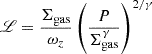 Mathematical equation: $$ \begin{aligned} \fancyscript {L} = \frac{\Sigma _\mathrm{gas} }{\omega _{z}} \left( \frac{P}{\Sigma _\mathrm{gas} ^{\gamma }} \right)^{2/\gamma } \end{aligned} $$