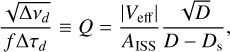 Mathematical equation: \frac{\sqrt{\Delta\nu_{d}}}{f\Delta\tau_{d}}\equiv Q =\frac{|V_{\rm eff}|}{A_{\rm ISS}}\frac{\sqrt{D}}{D - D_{\rm s}},