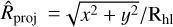 Mathematical equation: $\[\hat{R}_{\text {proj }}= \sqrt{x^{2}+y^{2}} / \mathrm{R}_{\mathrm{hl}}\]$