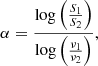 Mathematical equation: $$ \begin{aligned} \alpha = \frac{\log \left( \frac{S_1}{S_2}\right)}{\log \left( \frac{\nu _1}{\nu _2}\right)}, \end{aligned} $$