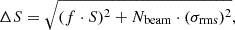 Mathematical equation: $$ \begin{aligned} \Delta S = \sqrt{(f\cdot S)^{2} + N_{\rm beam} \cdot (\sigma _{\rm rms})^{2}}, \end{aligned} $$