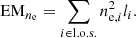Mathematical equation: $$ \begin{aligned} \mathrm{EM} _{n_{\rm e}} = \sum _{i \in \mathrm{l.o.s.}} n_{\mathrm{e},i}^2 l_i. \end{aligned} $$