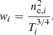 Mathematical equation: $$ \begin{aligned} { w}_i = \frac{n_{\mathrm{e},i}^2}{T_i^{3/4}}. \end{aligned} $$