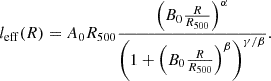 Mathematical equation: $$ \begin{aligned} l_{\mathrm{eff} }(R) = A_0 {R}_{500} \frac{\left( B_0 \frac{R}{{R}_{500}}\right)^\alpha }{\left(1+\left(B_0\frac{R}{{R}_{500}}\right)^\beta \right)^{\gamma /\beta }}. \end{aligned} $$