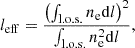 Mathematical equation: $$ \begin{aligned} l_{\mathrm{eff} } = \frac{\left(\int _{\rm l.o.s.} n_{\rm e} \mathrm{d} l \right)^2}{\int _{\rm l.o.s.} n_{\rm e}^2 \mathrm{d} l}, \end{aligned} $$