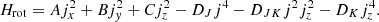 Mathematical equation: $$ \begin{aligned} H_{\rm {rot}}=A j_x^2+B j_y^2+C j_z^2-D_J j^4-D_{J K} j^2 j_z^2-D_K j_z^4. \end{aligned} $$