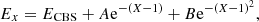 Mathematical equation: $$ \begin{aligned} E_x=E_{\mathrm{CBS} }+A \mathrm{e} ^{-(X-1)}+B \mathrm{e} ^{-(X-1)^2}, \end{aligned} $$