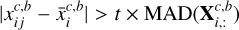 Mathematical equation: $\[|x_{i j}^{c, b}-\bar{x}_{i}^{c, b}|>t \times \operatorname{MAD}(\mathbf{X}_{i,:}^{c, b})\]$