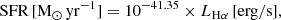 Mathematical equation: $$ \begin{aligned} \mathrm{SFR}\,[\mathrm{M_\odot \,yr^{-1}}] = 10^{-41.35}\times L_{\rm H\alpha }\,[\mathrm{erg/s}], \end{aligned} $$