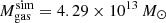 Mathematical equation: $ M_{\mathrm{gas}}^{\mathrm{sim}} = 4.29 \times 10^{13}\,M_{\odot} $
