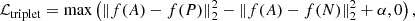 Mathematical equation: $$ \begin{aligned} \mathcal{L} _{\rm triplet} = \max \left(\Vert f(A)-f(P)\Vert _2^2 - \Vert f(A)-f(N)\Vert _2^2 + \alpha , 0\right), \end{aligned} $$